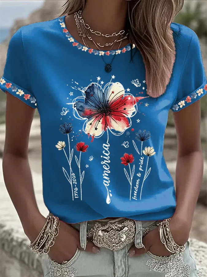 Women'S  America Flag Printed Casual T-Shirt