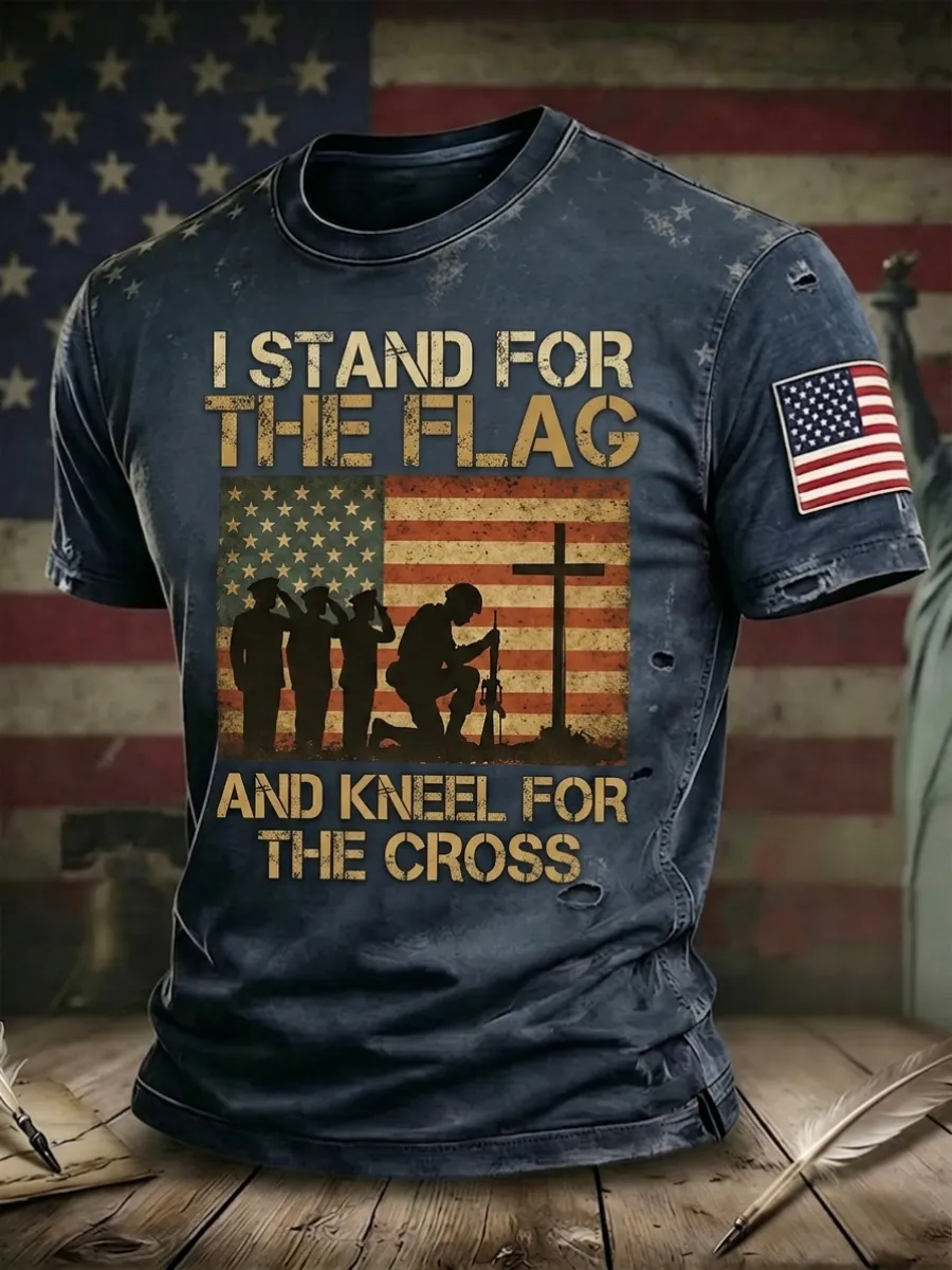 Men's America's 250th Anniversary Stand For The Flag Kneel For The Cross Faith Christian Cross Print T-Shirt