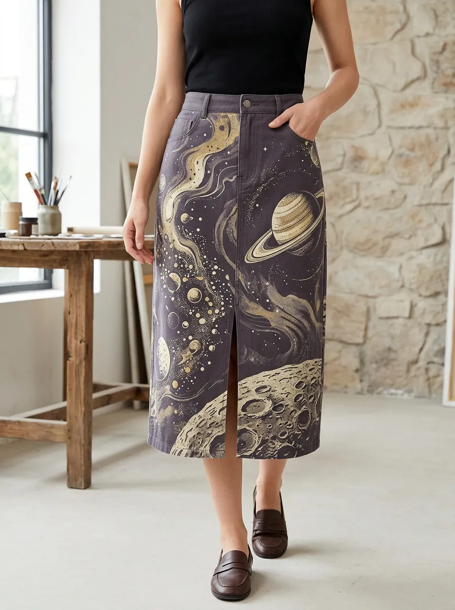 Women's Astral Celestial Print Midi Skirt