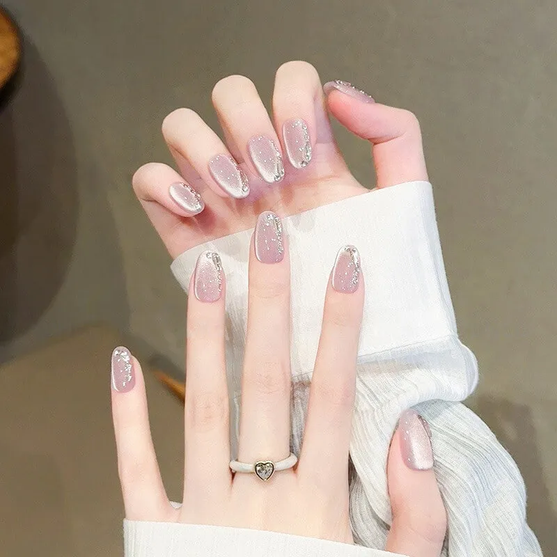 Nailhour 10Pcs Handmade Purple Cat Eye Medium Oval Press On Nails