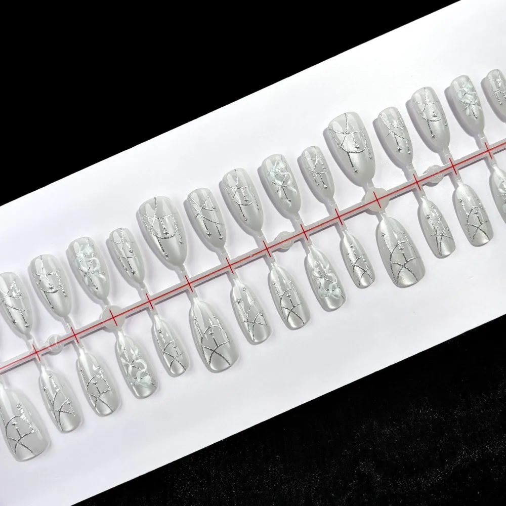 Nailhour 30Pcs White Cat Eye Gilded Medium Almond Cute Press On Nails