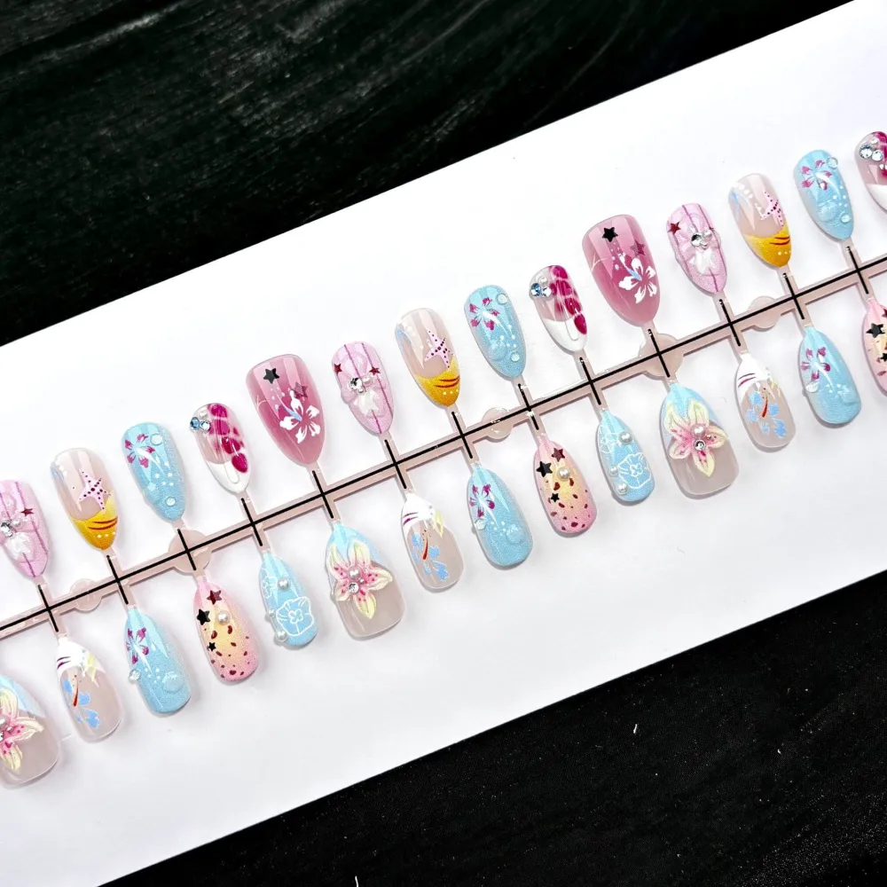 Nailhour 30Pcs Dopamine Floral 3D Medium Almond French Press On Nails