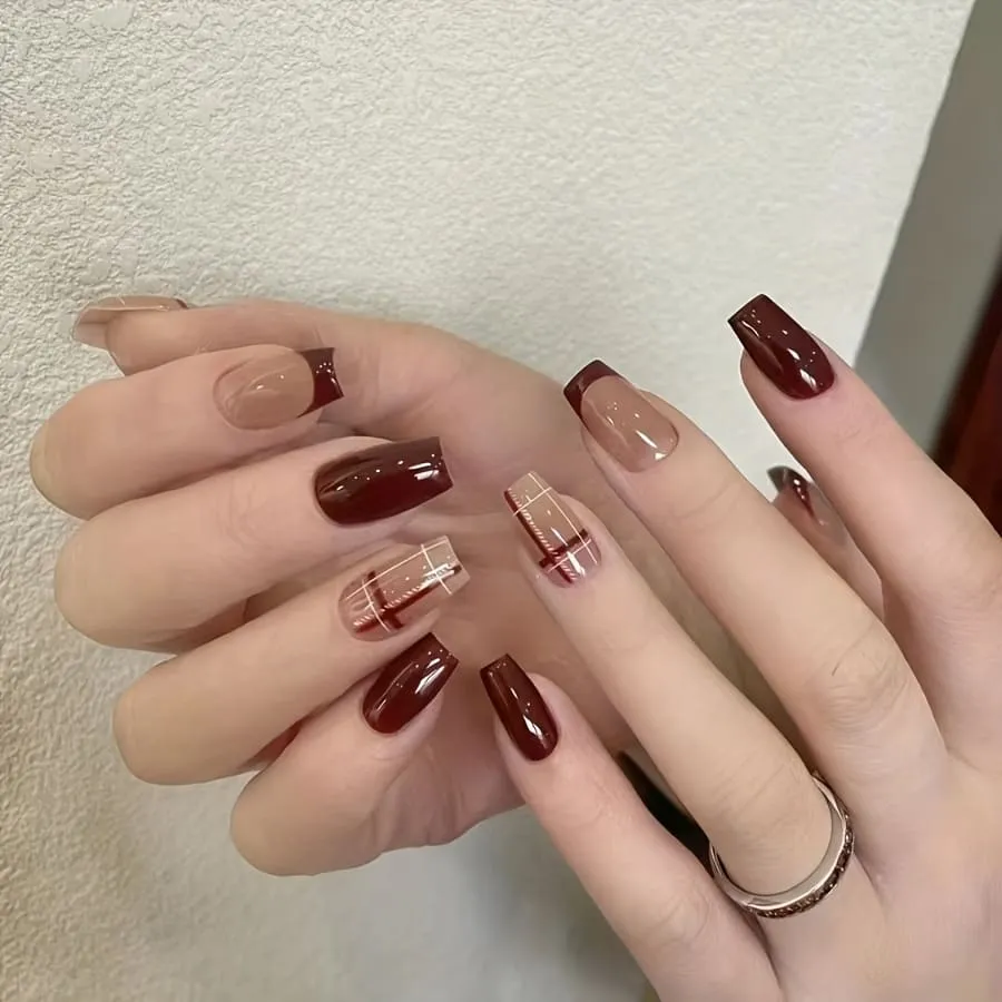 Nailhour 24Pcs Geometric Lines Minimalist French Red Short Square Press On Nails