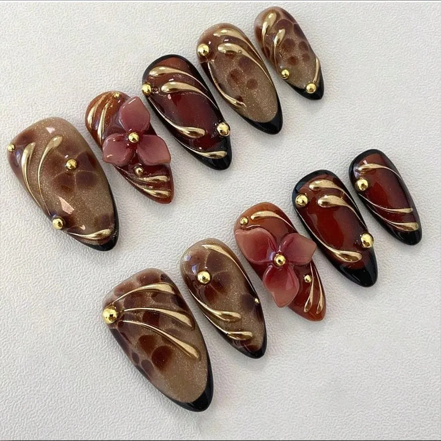 Nailhour 10Pcs 3D French Medium Almond Press On Nails