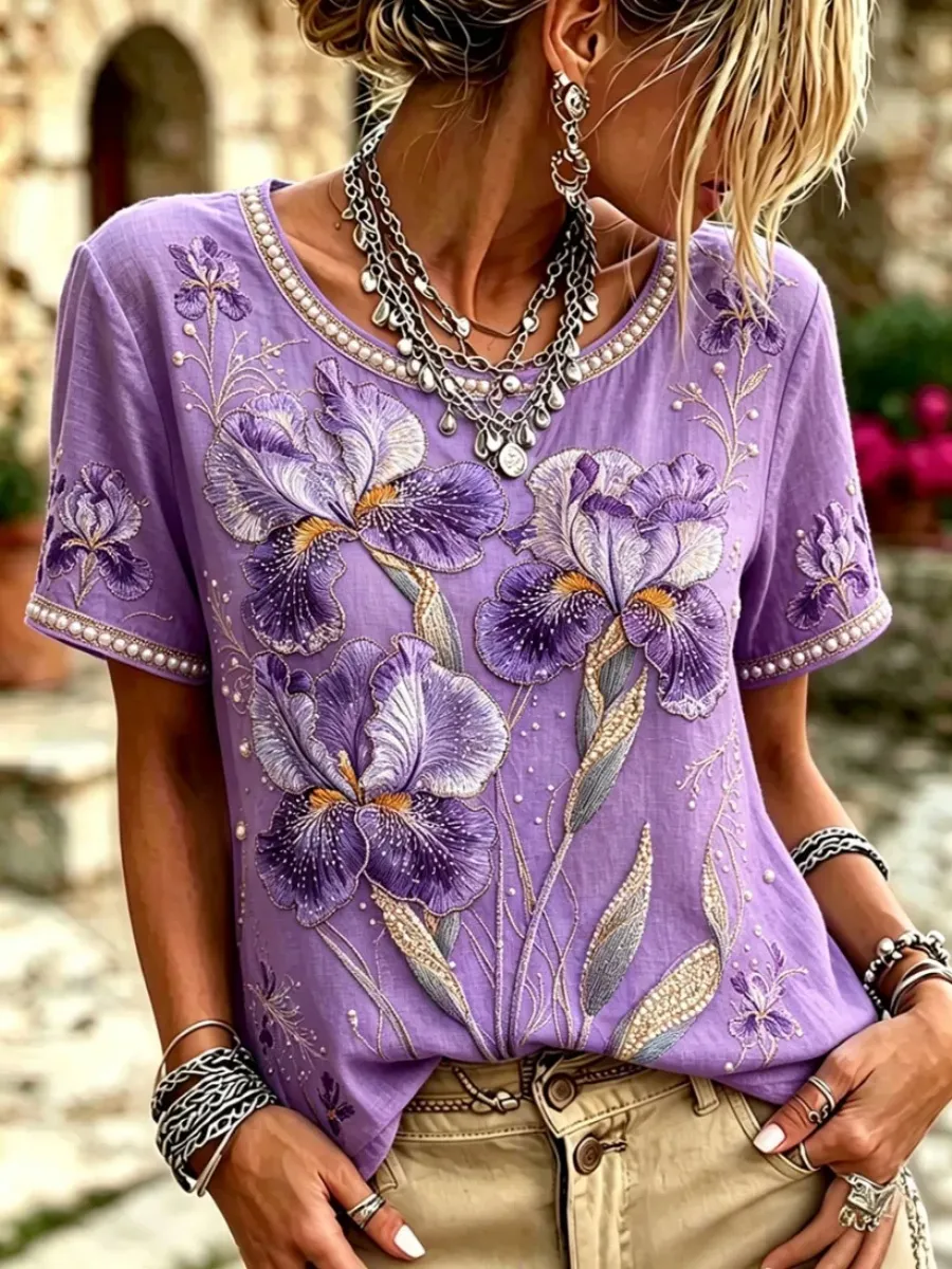 Women's Purple Floral Art Short Sleeve Linen Shirt