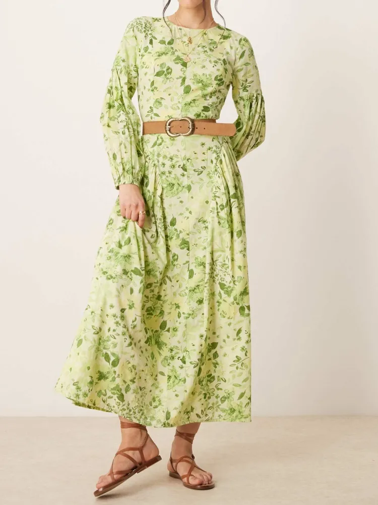 Plant Print Crew Neck Maxi Dress