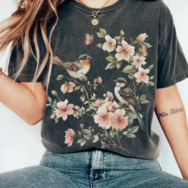Whimsical Birds And Floral Shirt