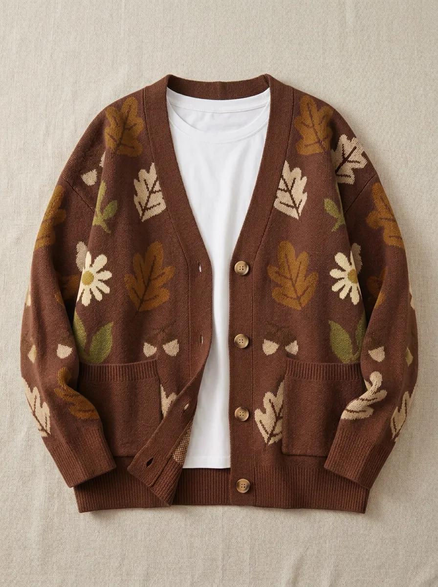 Leaf Flower Acorn Patterned Women's Knit Cardigan