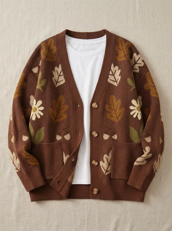 Leaf Flower Acorn Patterned Women's Knit Cardigan