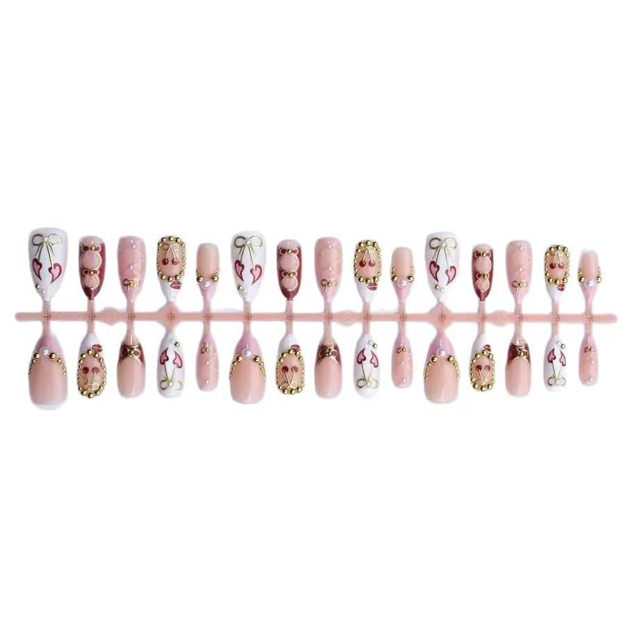 Nailhour 30Pcs Gilded Bow 3D Medium Almond French Press On Nails