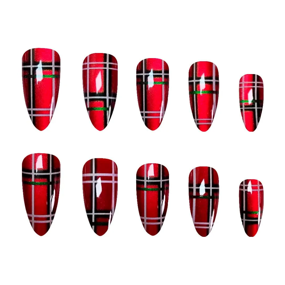 Nailhour 24Pcs Christmas Red Medium Almond French Press On Nails
