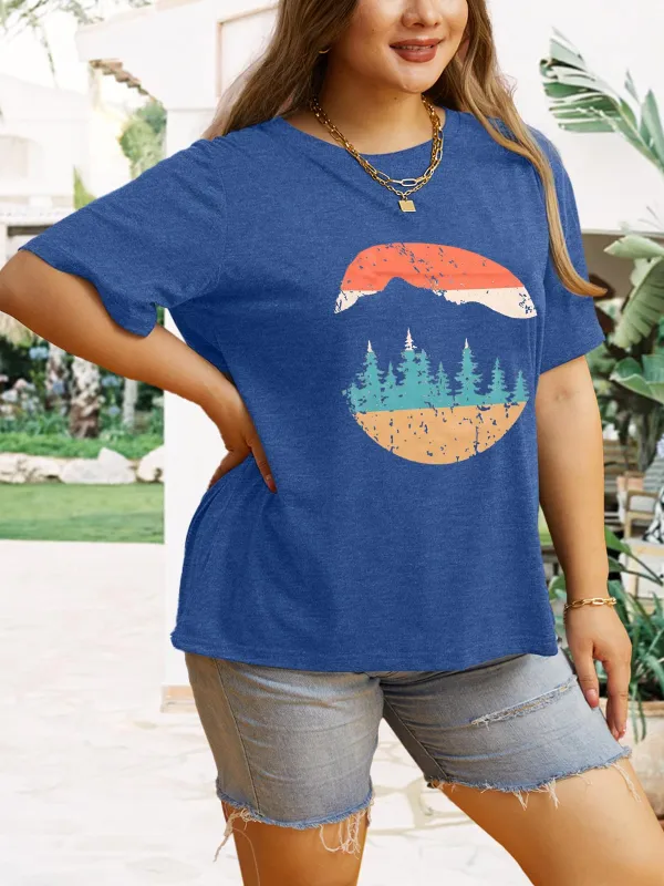Sunset And Mountain Print T-shirt