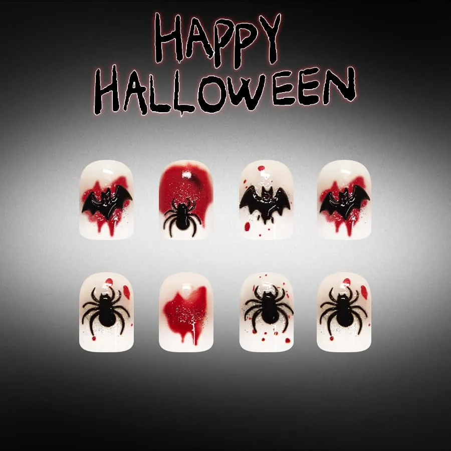 Nailhour 24Pcs Glossy French 3D Bat Halloween Short Square Press On Nails
