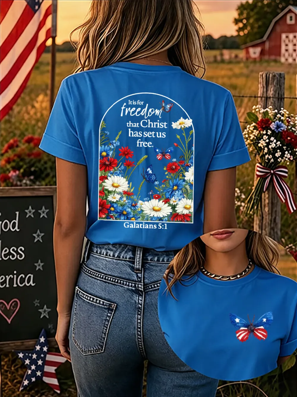 Christ'S Gift Of Freedom: Women'S American 250th Anniversary Faith Print Short-Sleeve T-Shirt