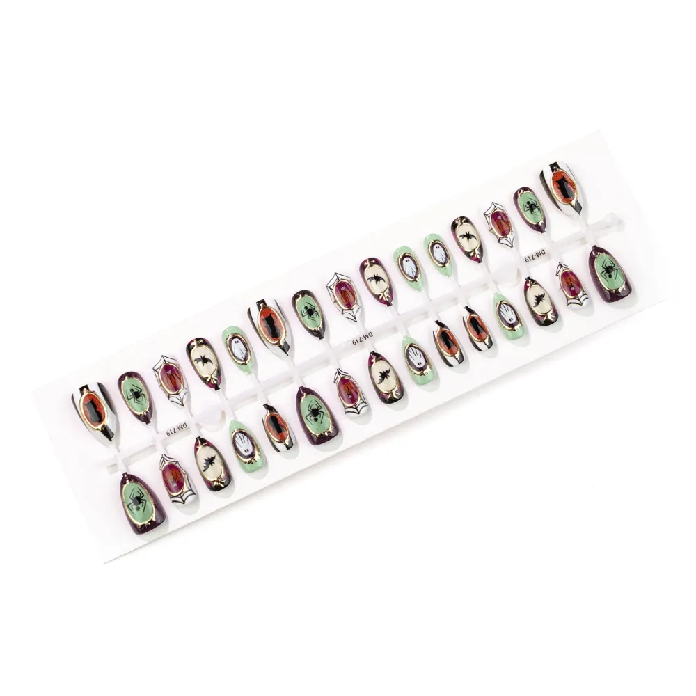 Nailhour 30Pcs Gilded Multicolor Bat Ghost Spider Halloween Short Almond Press On Nails