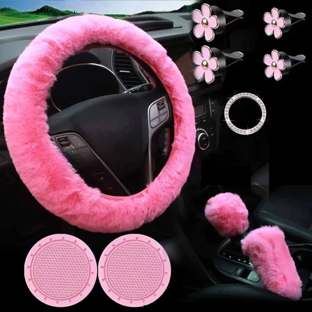Lady'S Pink Plush Steering Wheel Cover