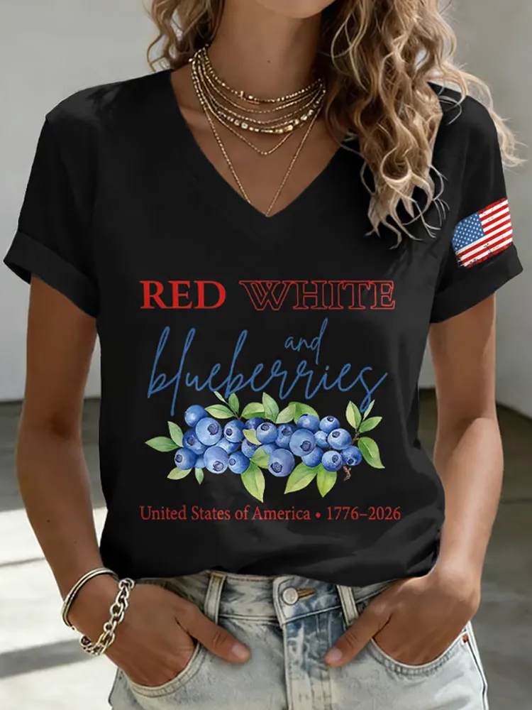 V-Neck Retro Red White And Blueberries United States Of America • 1776–2026 Print T-Shirt