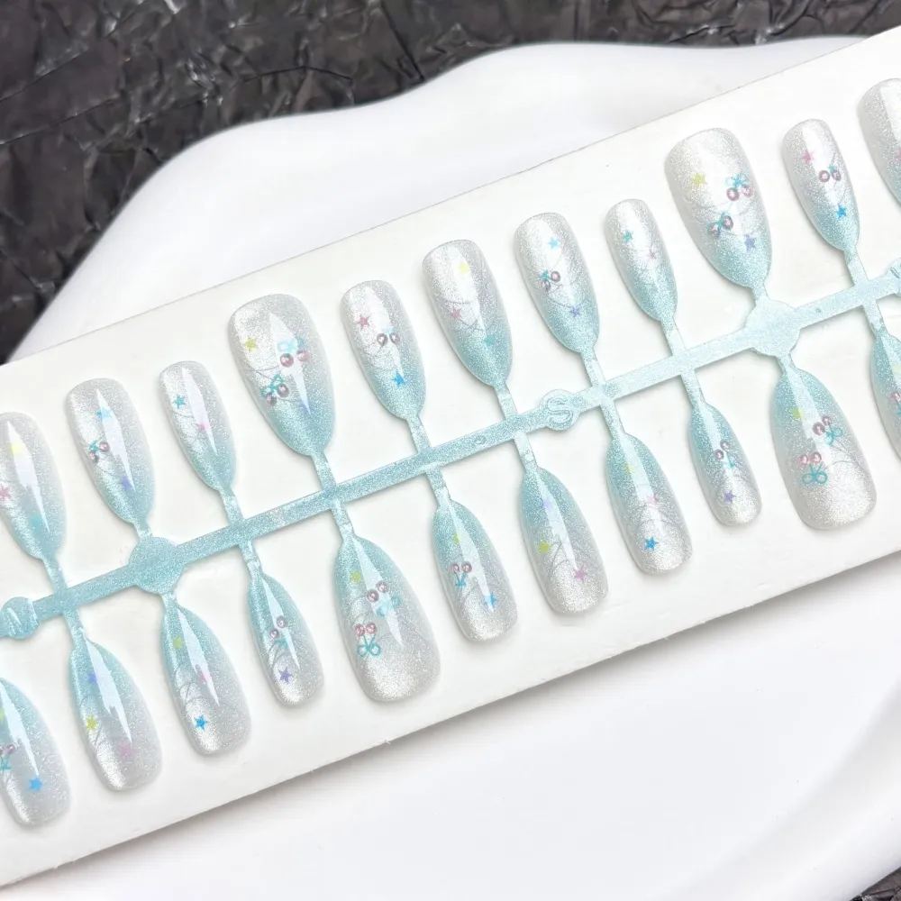 Nailhour 30Pcs Cat Eye Glitter Medium Almond Star Press On Nails