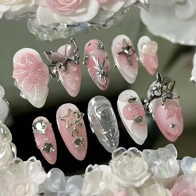 Nailhour 30Pcs Star Butterfly 3D Medium Almond French Press On Nails