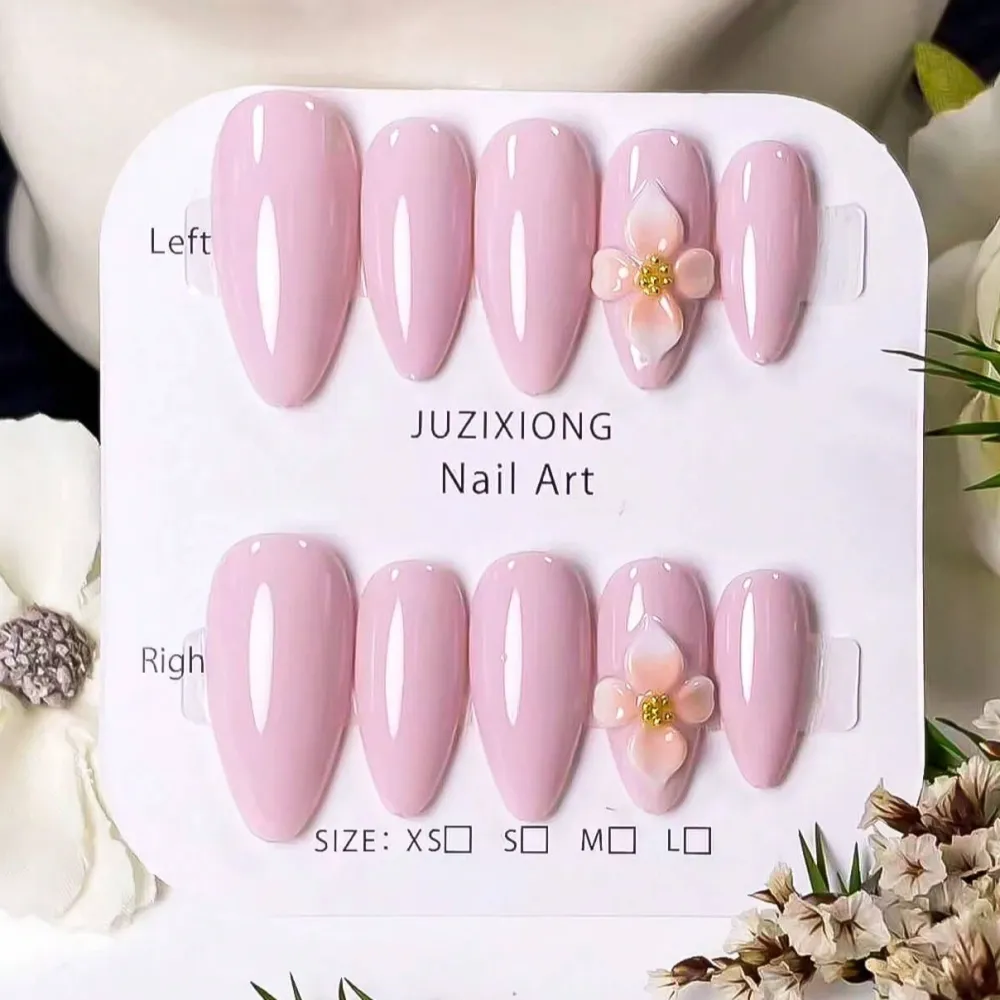 Nailhour 10Pcs Handmade Medium Almond 3D Purple Floral Nude Press On Nails