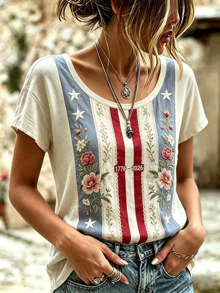 Women's casual 250th anniversary print cotton and linen round neck top