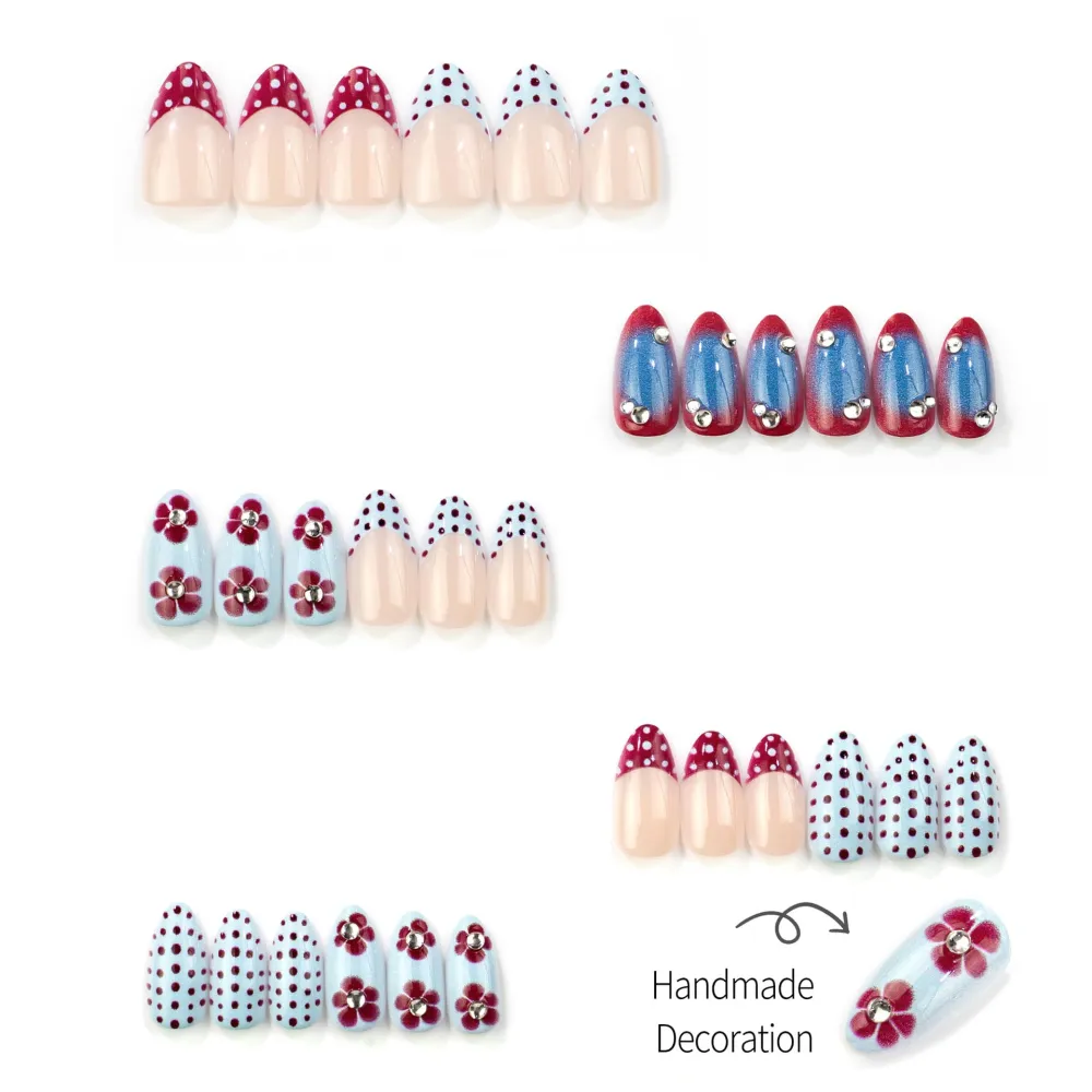 Nailhour 30Pcs Blue Polka Dot 3D Medium Almond French Press On Nails