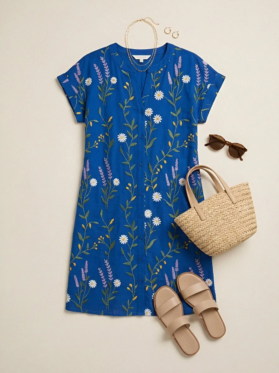 Women's Summer Vacation Olive Floral Embroidered Printed Dress