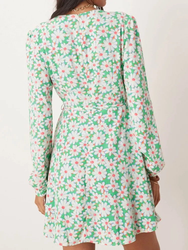Tied Waist Daisy V-Neck Dress
