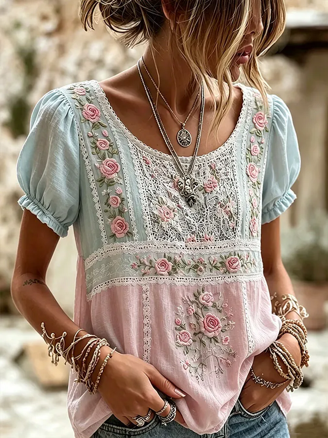 Women's Boho Floral Patchwork Embroidered Puff Sleeve Top