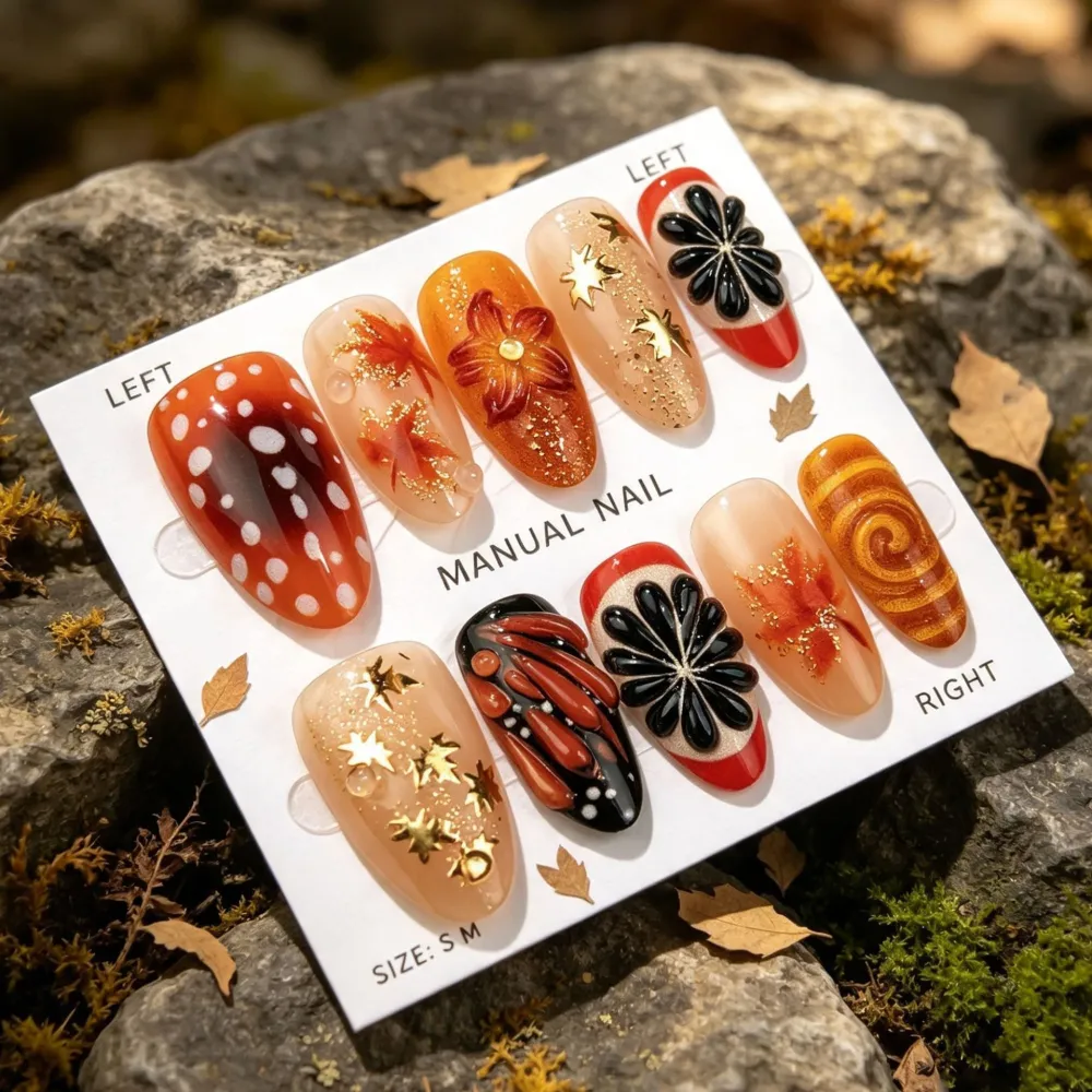 Nailhour 30Pcs Carved Gilded Medium Almond French Press On Nails
