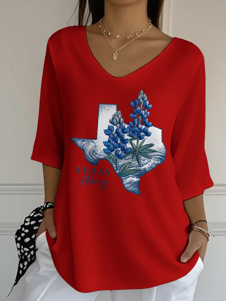Ladies TEXAS STRONG  All-Match Loose And Slim V-Neck Shirt