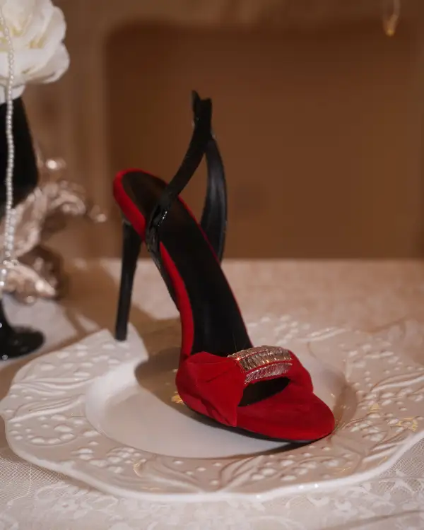 Rhinestone Velvet Slingback Sandals in Red