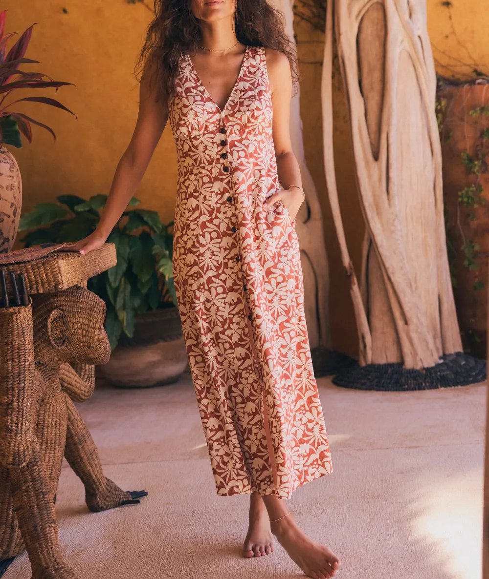Rusty Floral Button-Front Maxi Dress