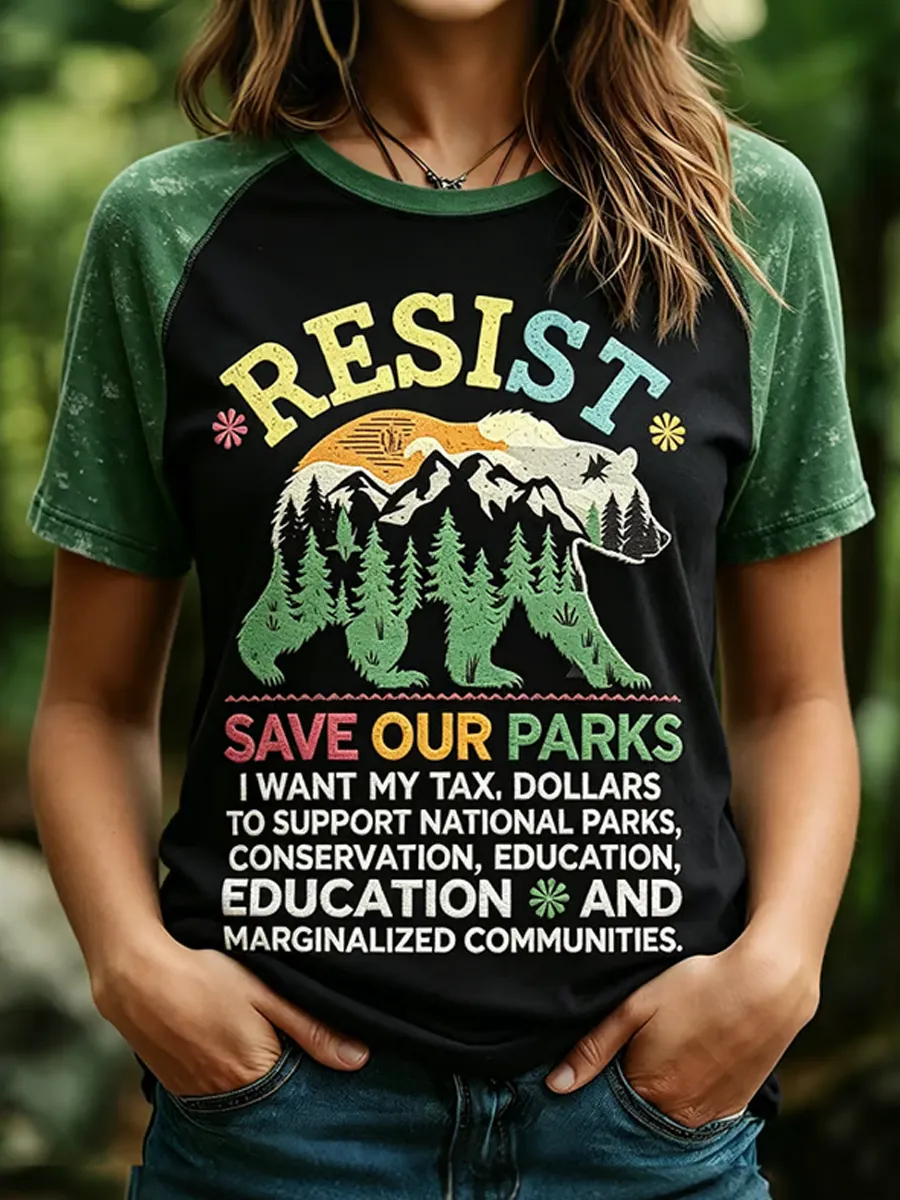 Women's Resist Bear Print Retro Raglan Short-Sleeve T-Shirt