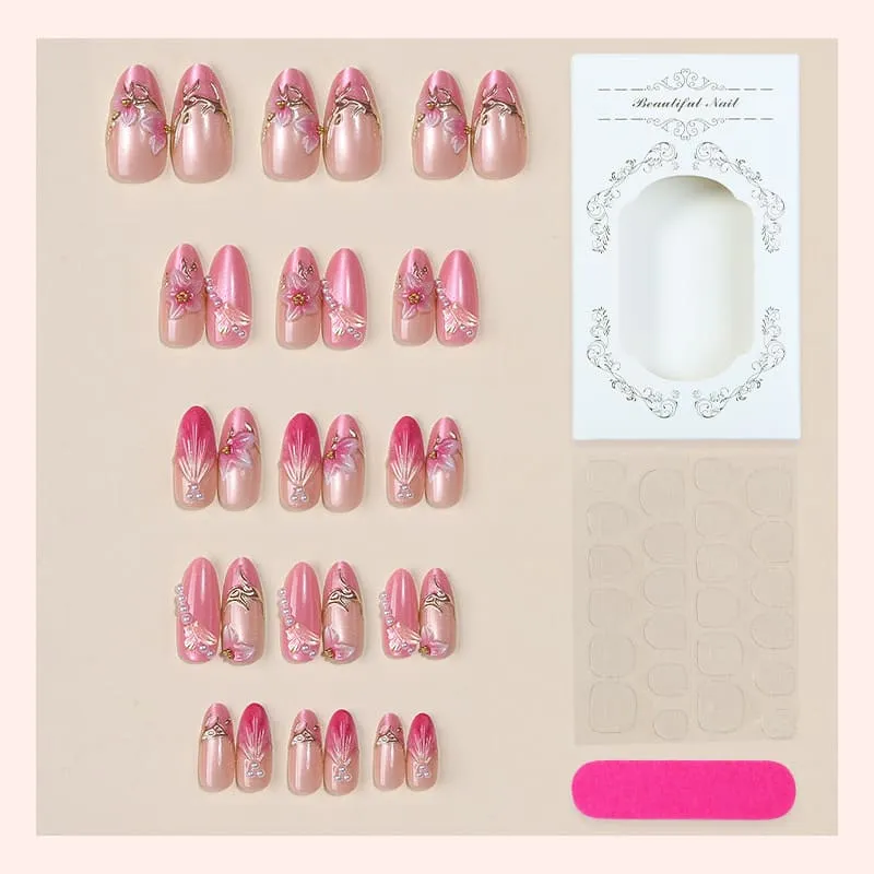Nailhour 30Pcs Floral 3D Medium Cat Eye Almond French Press On Nails