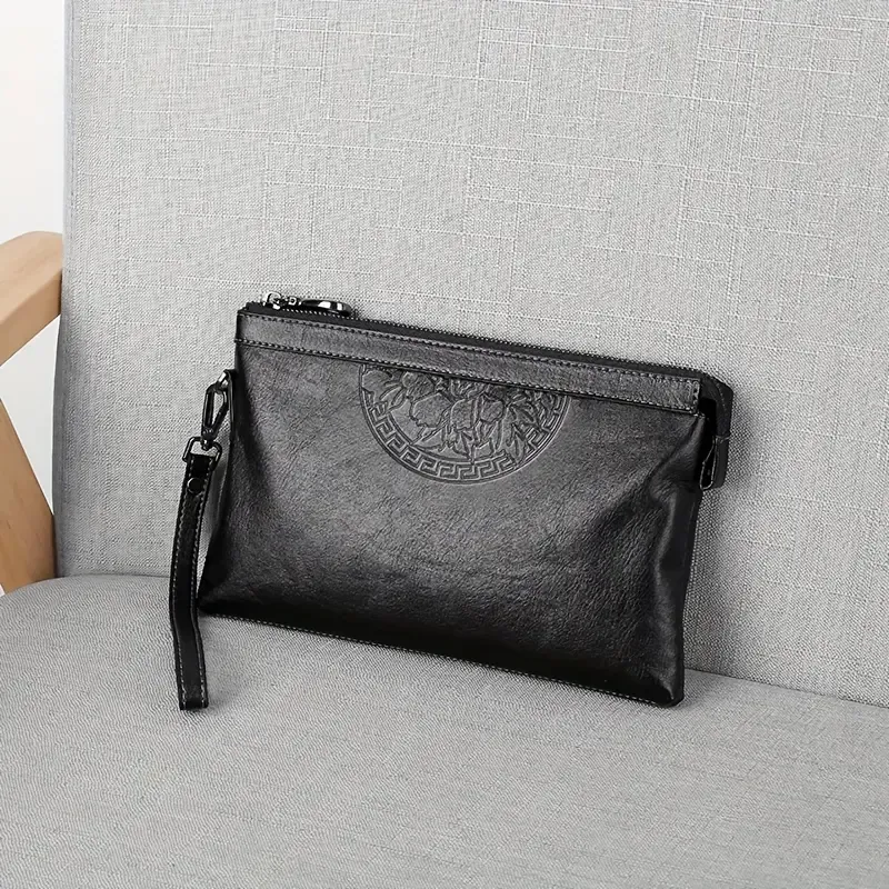 Black Men Embossed Pattern Zipper Handbag