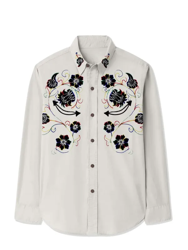 Western Vintage Flower Printed Hawaiian Shirt For Men Button-Down Shirt Long Sleeve 100% Cotton Shirt