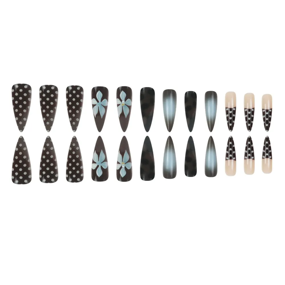 Nailhour 24Pcs 3D French Floral Vintage Medium Stiletto Press On Nails