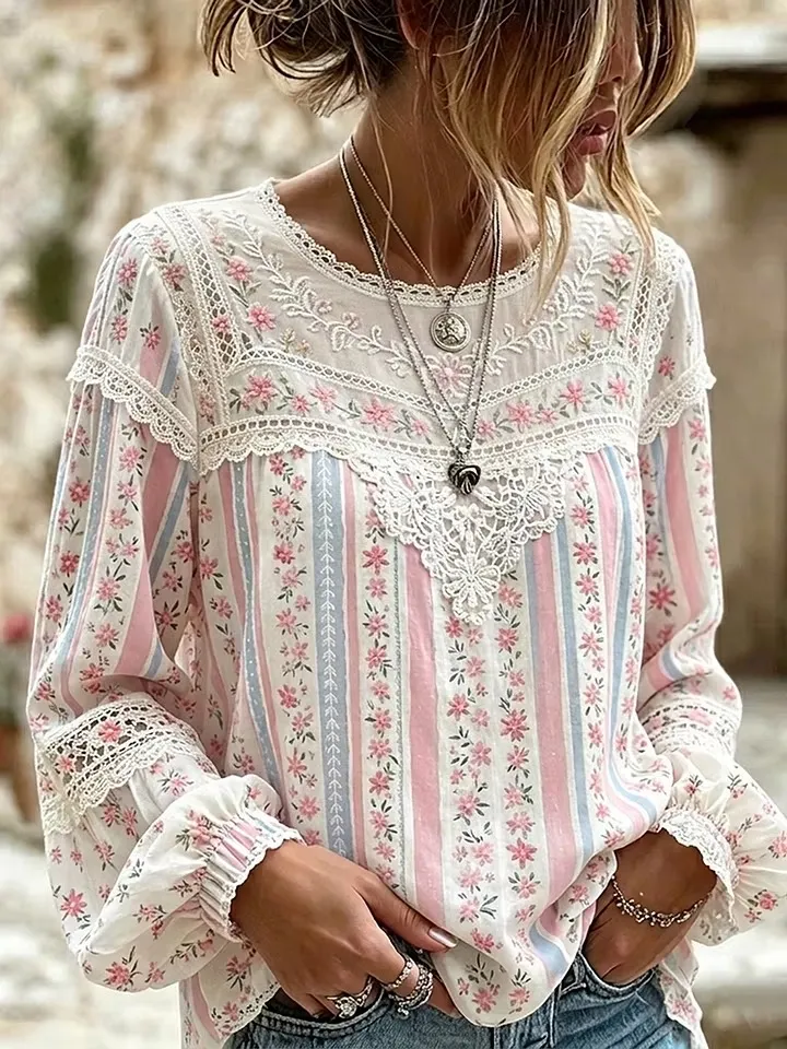 Women'S Floral Striped Art Round Neck Long Sleeved T-Shirt