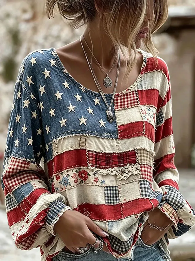 Women'S Flag Printed Casual Cotton And Linen Top