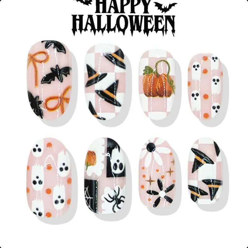 Nailhour 24Pcs Halloween Short Oval Ghost Plaid Press On Nails