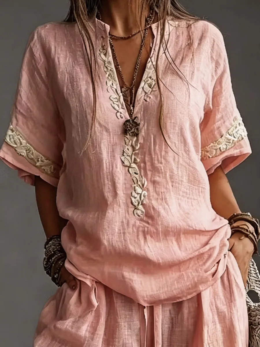 Women's Casual And Comfortable Cotton Linen Blended V-Neck Top