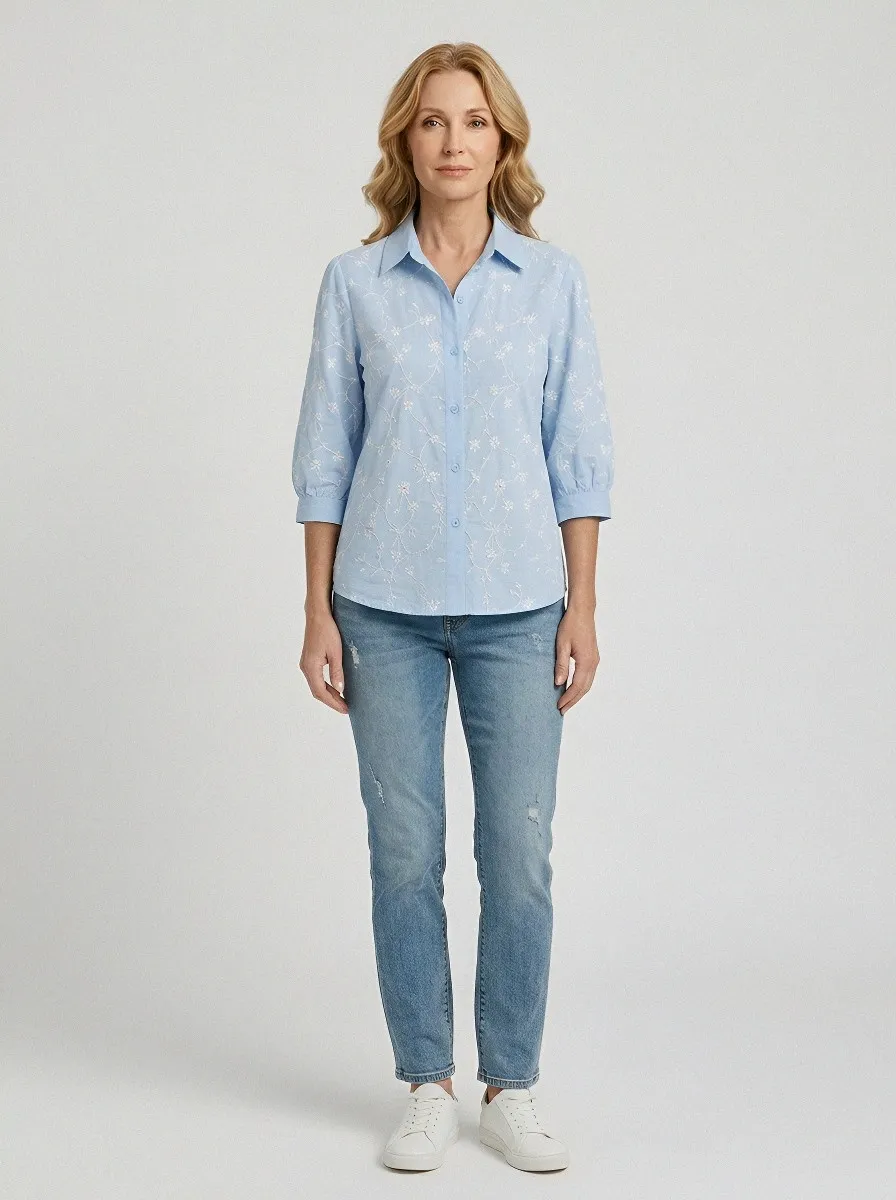 Women's Breast Cancer Awareness Floral Embroidered Printed Shirt