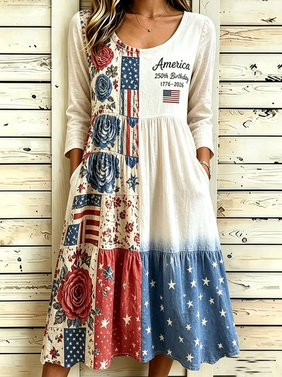 Women's Retro 250th Anniversary Flower Art Printed Dress
