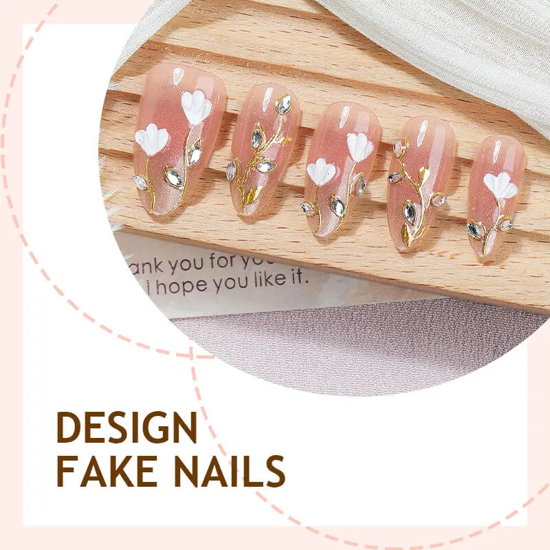 Nailhour 24Pcs Nude Floral Glitter Medium Almond Press On Nails