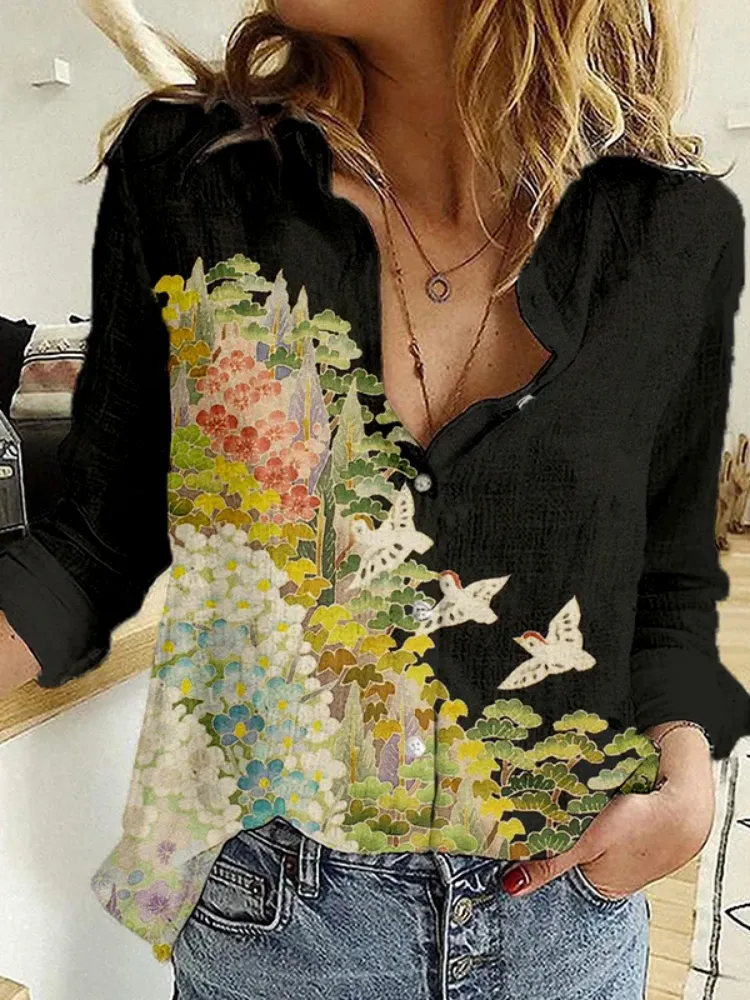 Artistic Garden Pattern Long-Sleeve Shirt