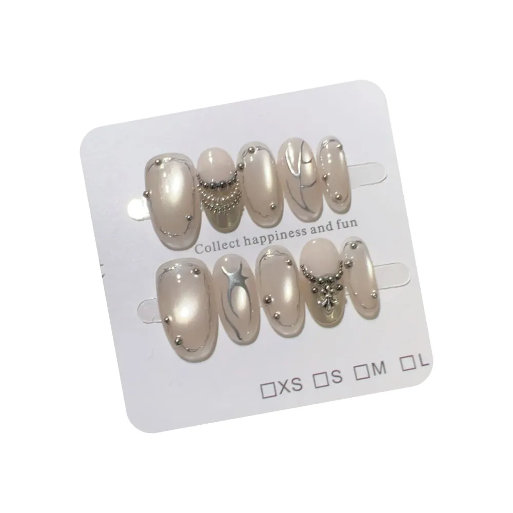 Nailhour 10Pcs Cat Eye French Gilded Nude Medium Oval Press On Nails