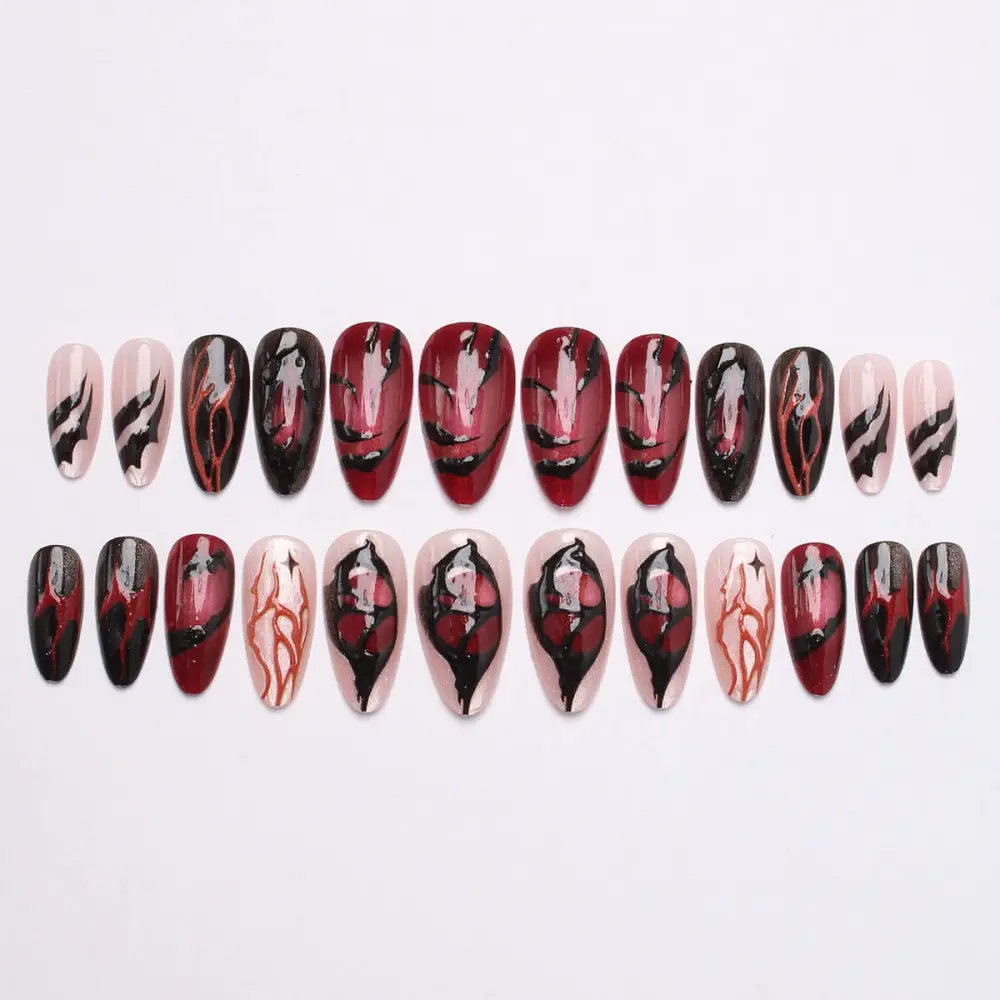 Nailhour 24Pcs Red Cat Eye Medium Almond Press On Nails