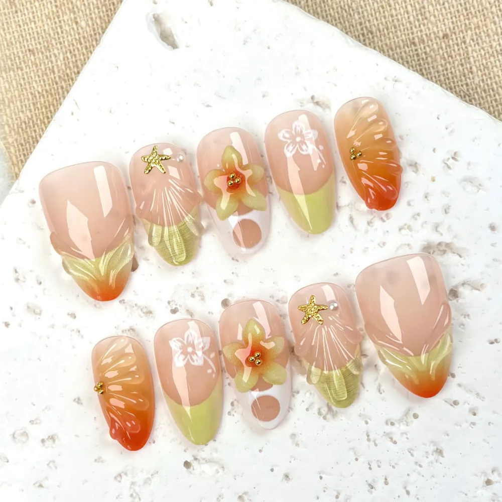 Nailhour 30Pcs Pearl Shell Floral 3D Medium Almond French Press On Nails