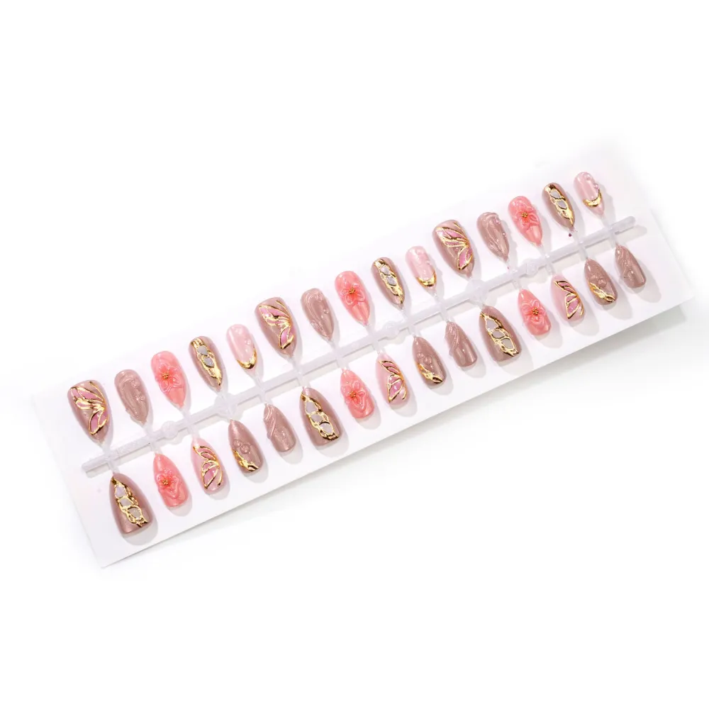 Nailhour 30Pcs Gradient Floral 3D Medium Almond French Press On Nails